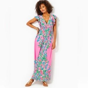 NWT Lilly Pulitzer Verona Flutter Sleeve Maxi Dress in Havana Pink Casa Jaguar